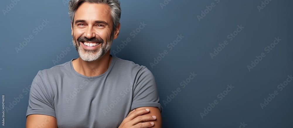 Aufkleber confident middle aged man proudly smiling displaying contentment on blank area