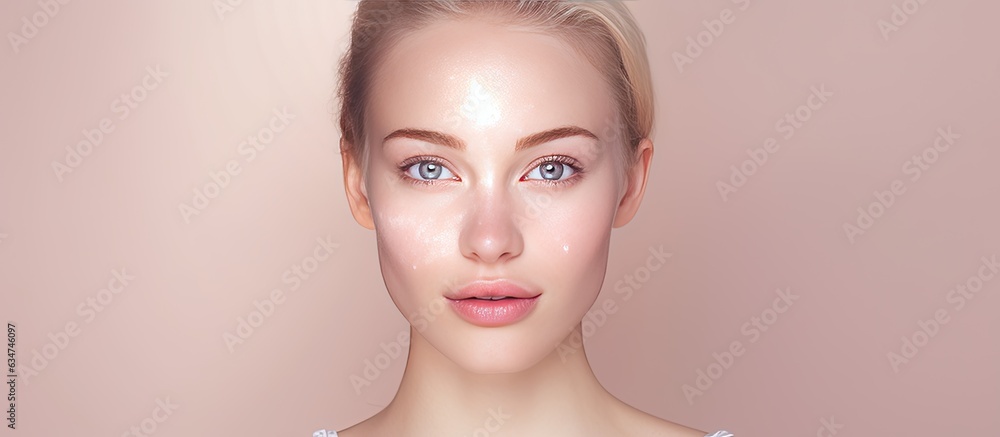 Poster Digital composite portrait of a young woman with diverse skin pigmentation on a pink background promoting awareness and skin care