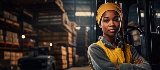 African female warehouse worker posing with a forklift in a textile warehouse