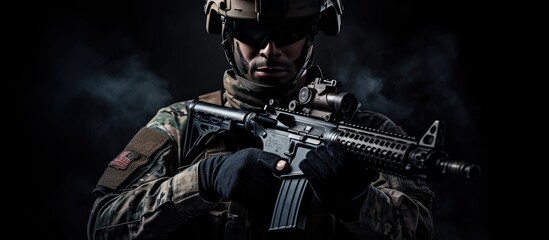 Composite of Caucasian soldier holding gun on black background Celebrating armed forces military honor and patriotism