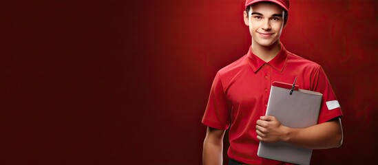 Composite of portrait of young man with clipboard and postal worker day text red background copy space delivery mail and appreciation concept