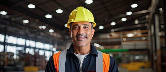 Composite image of a biracial mature male manager in a warehouse portraying safety and protection in his occupation
