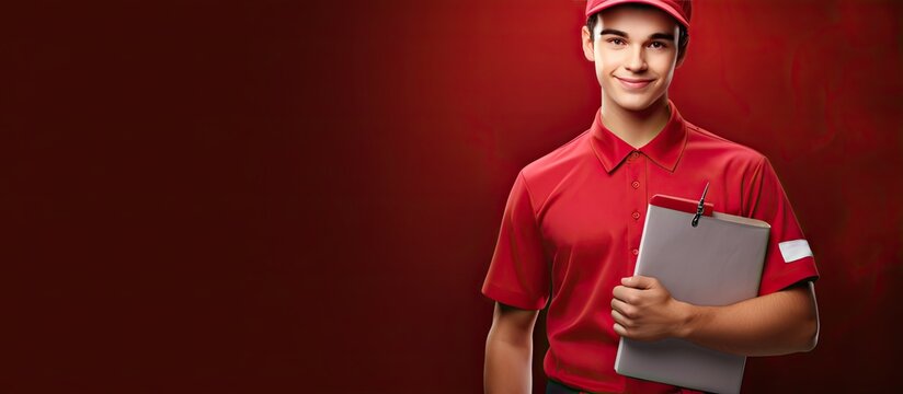 Composite of portrait of young man with clipboard and postal worker day text red background copy space delivery mail and appreciation concept