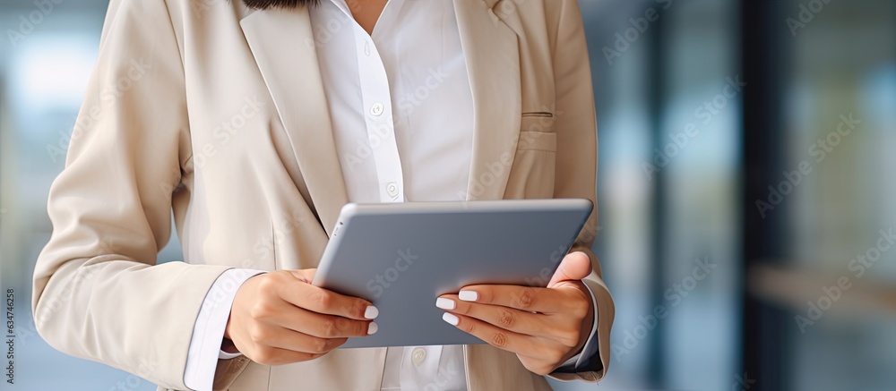 Aufkleber woman using digital tablet for online shopping communication and work at home or office with empty a
