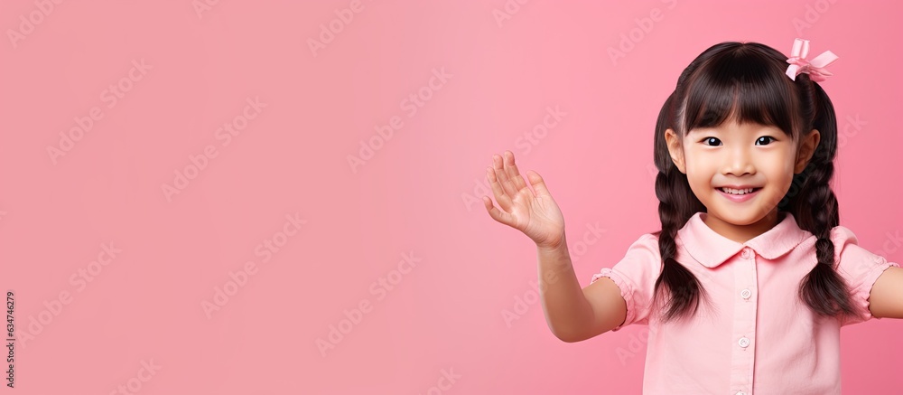 Poster joyful asian girl displaying open palm with copy space on a pink background