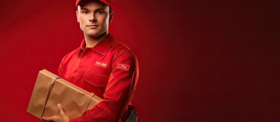 Composite of portrait of young man with clipboard and postal worker day text red background copy space delivery mail and appreciation concept