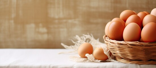 Composite of text with brown eggs in basket Concept of healthy eating and raw food - Powered by Adobe
