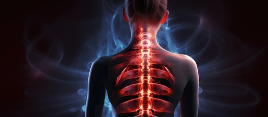 Text and image representing spinal cord injury awareness with a Caucasian woman experiencing back pain - obrazy, fototapety, plakaty