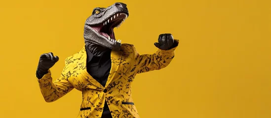 Zelfklevend Fotobehang Leopard jacketed man in dinosaur mask dances comically isolated on yellow background © HN Works