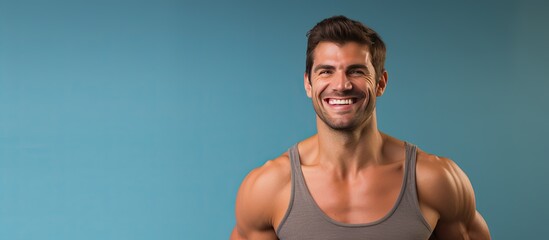 Shirtless Caucasian man confidently points in different directions smiling promoting an advertisement