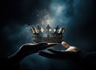 mysteriousand magical image of woman's hand holding a gold crown over gothic black background....