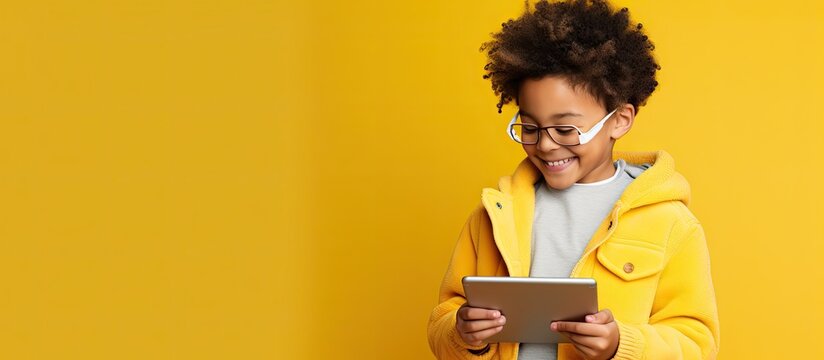 Happy child addicted to gadgets using tablet for gaming and enjoying apps