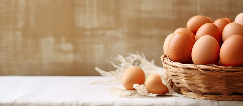 Composite of text with brown eggs in basket Concept of healthy eating and raw food