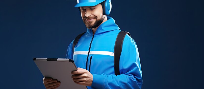A Caucasian delivery man using a digital image to write on a pad with a happy checklist day text in the background This innovative tool helps him organize