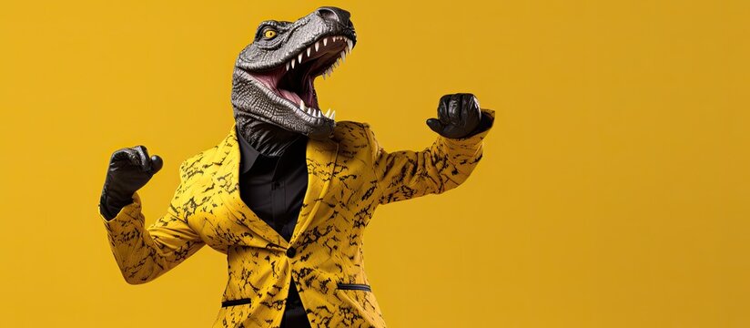Leopard jacketed man in dinosaur mask dances comically isolated on yellow background
