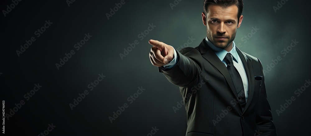 Poster business person indicating or gesturing towards empty area
