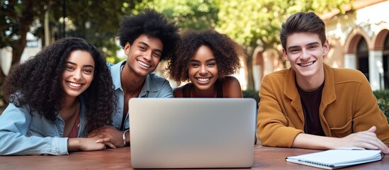 Multiethnic students happily doing homework outdoors with laptop smiling at camera