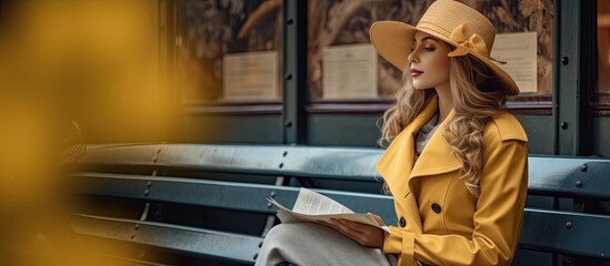 Fashionable woman in fall clothing gazes aside clutching magazine on bench in subway station