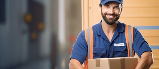 National postal worker day portrait of smiling male worker with box representing delivery and appreciation
