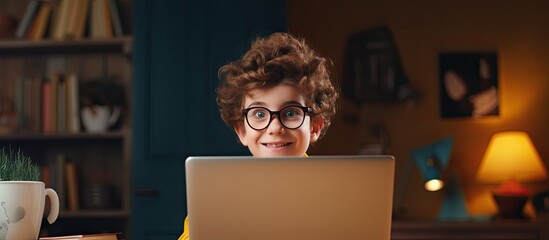 Online learning technology enables Caucasian schoolboy to have a video call and access copy space