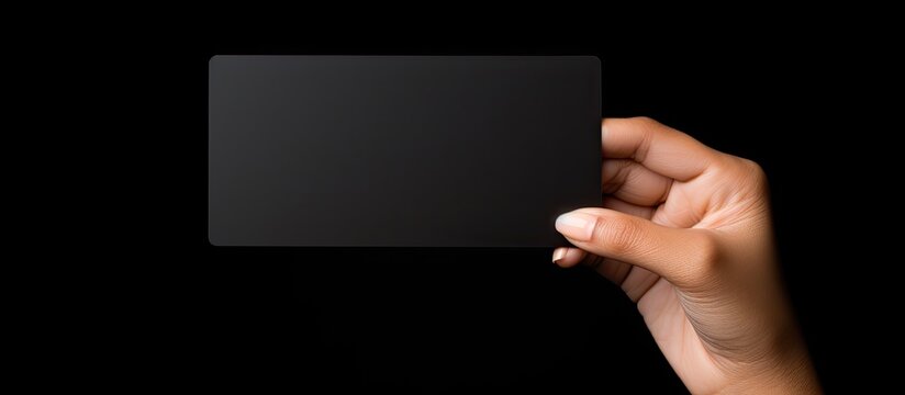 Caucasian Woman S Hand Holds Black Business Card On Black Background Symbolizes Business And Writing Space