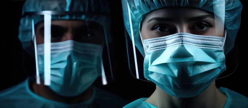 Close up of two doctors wearing medical protective clothing and masks working against black background during COVID 19 pandemic