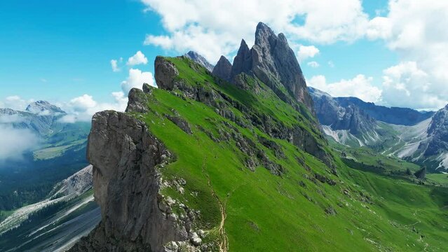 Aerial footage of Seceda in South Tyrol, Dolomites, Italy