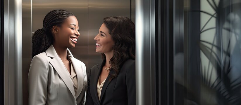 Multiracial businesswomen discussing in elevator celebrating convenience - Powered by Adobe