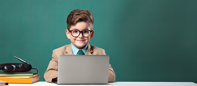 Online learning technology enables Caucasian schoolboy to have a video call and access copy space
