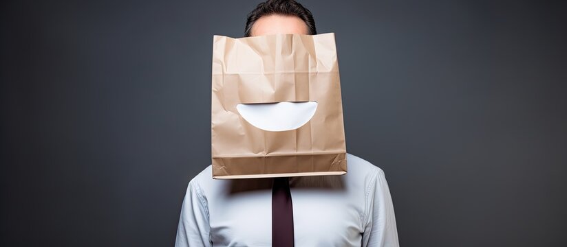 National Smile Month composite with Caucasian businessman wearing paper bag on face Concept for dental health awareness in business - Powered by Adobe