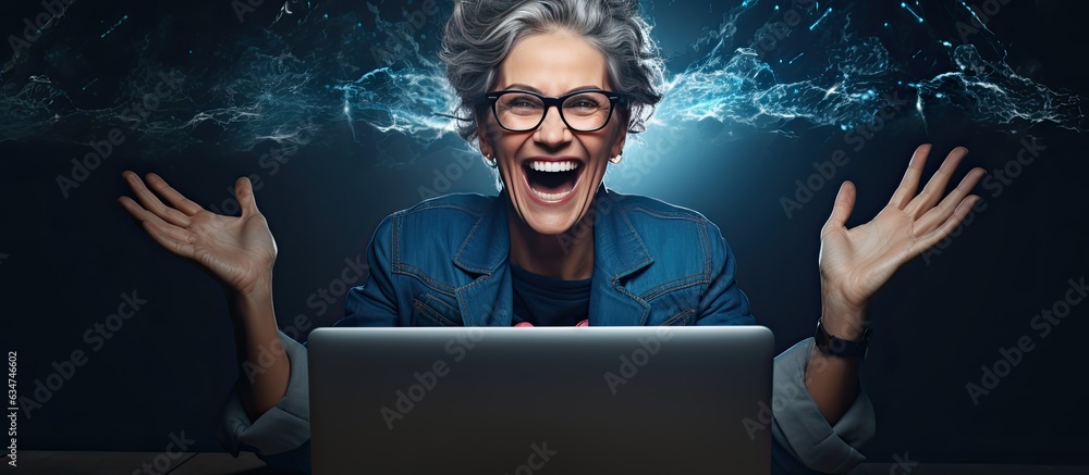 Poster an enthusiastic middle aged woman working on her laptop at night happily pointing to the side with o