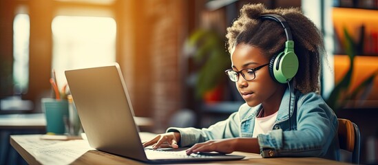 African American girl studying online at home with headphones and a laptop
