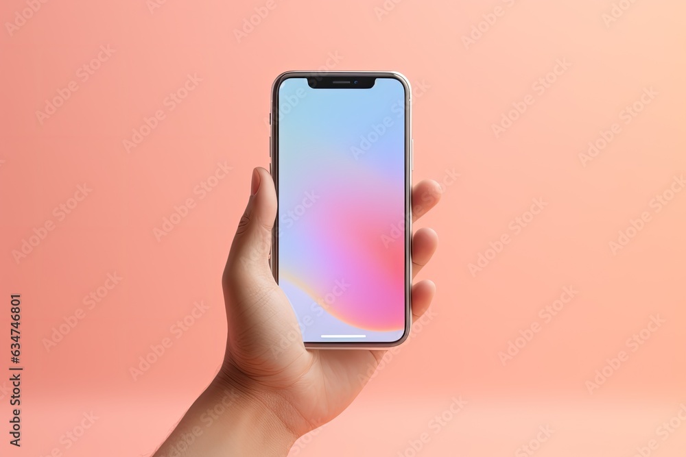 Aufkleber hand holds smartphone on gradient background, illustrating instant access to digital world.