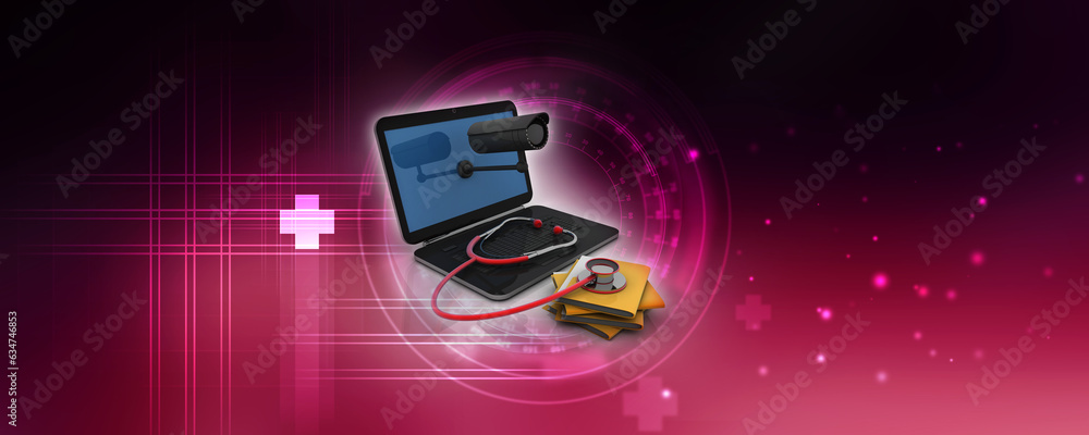 Poster 3d rendering folder with laptop connected stethoscope under cctv camera