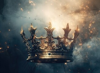 mysteriousand magical image of woman's hand holding a gold crown over gothic black background. Medieval period concept.