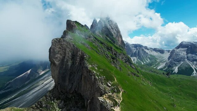 Aerial footage of Seceda in South Tyrol, Dolomites, Italy