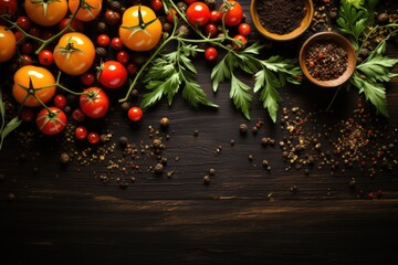 Food background. Top view of olive oil, tomatoes, herbs and spices on rustic black slate.