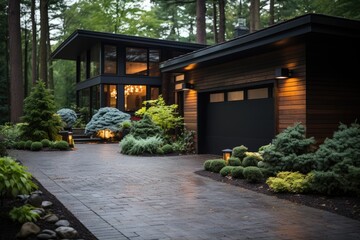 Naklejka premium Garage door with a driveway in front.