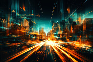 Bright light trails in the futuristic city with tall buildings and skyscrapers, abstract artistic motion blur to convey modern urban innovation of communication technology. - 634747813