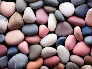 Colorful stone pebbles background. Top view, flat lay.