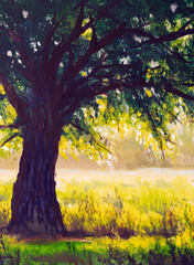 Oil painting large oak tree on a sunny summer day acrylic on canvas fine art illustration nature park landscape background