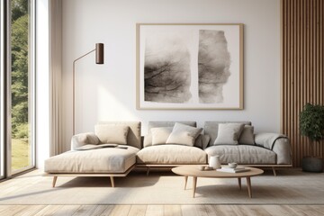 modern Scandinavian style living room with a mock up poster frame.