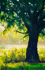 Oil painting large oak tree on a sunny summer day acrylic on canvas fine art illustration nature park landscape background