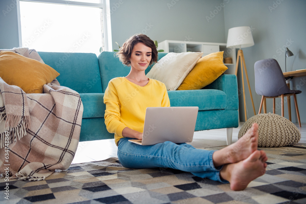 Sticker Photo of pretty successful recruiter girl sitting fluffy carpet use wireless netbook coworking inside room flat