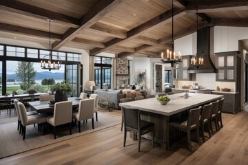 Fototapeta na wymiar New farmhouse style luxury home with elegant pendant light fixtures and open concept floor plan design showcases a dining room and kitchen featuring a stunning cross hatch wooden beam ceiling.