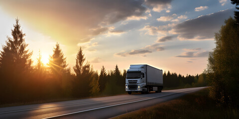 Fototapeta na wymiar White truck driving on highway winding through forested landscape, sunset light. Generation AI