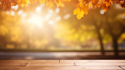 Naklejka na ściany i meble Empty brown wooden table in front of bokeh background of autumn trees with shiny of sunlight. AI generated