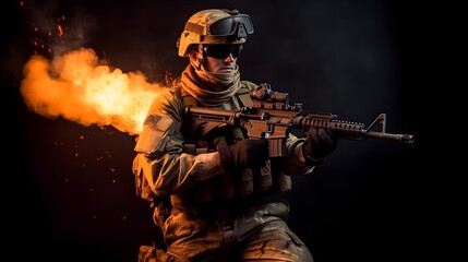 Military soldier dressed in uniform with rifle against flame fire, black background. Generation AI.