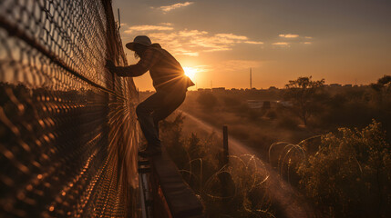 Illegal border crossing by migrant over fence between Mexico and United States. Generation AI - obrazy, fototapety, plakaty
