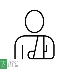 Injured man in bandage icon. Simple outline style. Broken arm, patient, injury, person, wound, medical concept. Thin line symbol. Vector illustration isolated on white background. EPS 10.